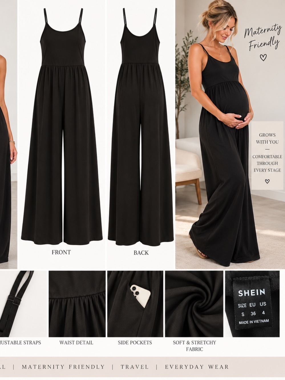 SHEIN Black Maternity Wide-Leg Jumpsuit